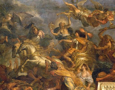 Zicht op De Koning die Maastricht inneemt in dertien dagen in 1673 en de Oversteek van de Rijn in aanwezigheid van de vijanden in 1672 (detail) door Charles Le Brun